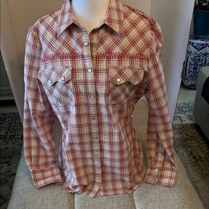 CABI WILD WEST WEAR RED WHITE PLAID COTTON  SNAP PEARL BUTTONS SHIRT SZ M